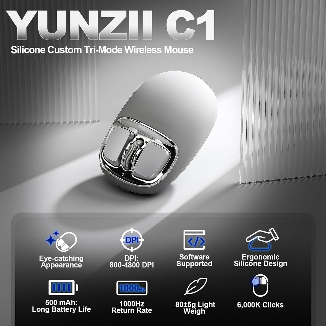 YUNZII C1 Silikon-Funkmaus,Tri-Mode 2,4 GHz/USB-C/Bluetooth Maus, 4800 DPI Optisches Abtastung, 6 Ve