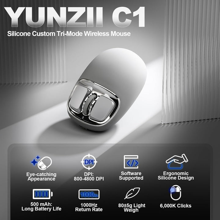YUNZII C1 Silikon-Funkmaus,Tri-Mode 2,4 GHz/USB-C/Bluetooth Maus, 4800 DPI Optisches Abtastung, 6 Ve