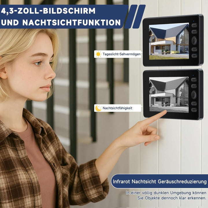 Video Türklingel mit Kamera, Drahtlose Türklingel mit 4,3 Zoll Bildschirm, Bluetooth Verbindung, 400