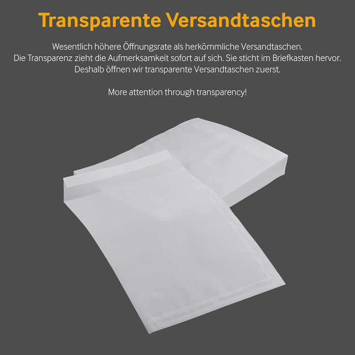 100 Stück, Transparent-Versandtaschen, DIN B5, Haftklebung mit Abziehstreifen, Gerade Klappe, 90 g/q