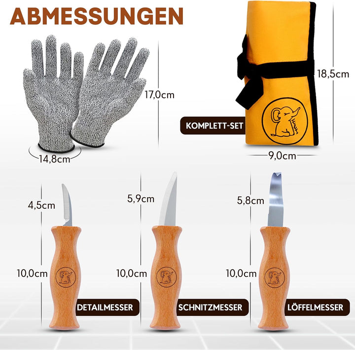 Eli® Schnitzmesser Kinder Set ab 6 Jahre inkl. Schnitzfiguren und Handschuhe - hochwertiges Kinderme