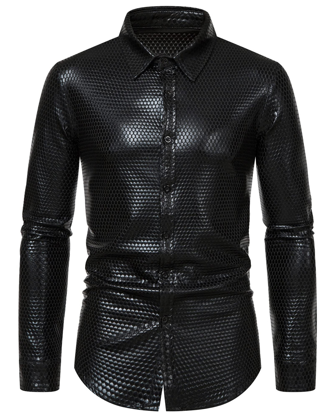 Herren Kleid Hemd Rhombus Bronzing Print Langarm Button Down Shirts 70er Jahre Disco Party Kostüm S