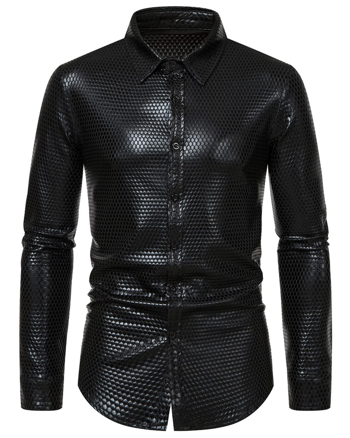 Herren Kleid Hemd Rhombus Bronzing Print Langarm Button Down Shirts 70er Jahre Disco Party Kostüm S