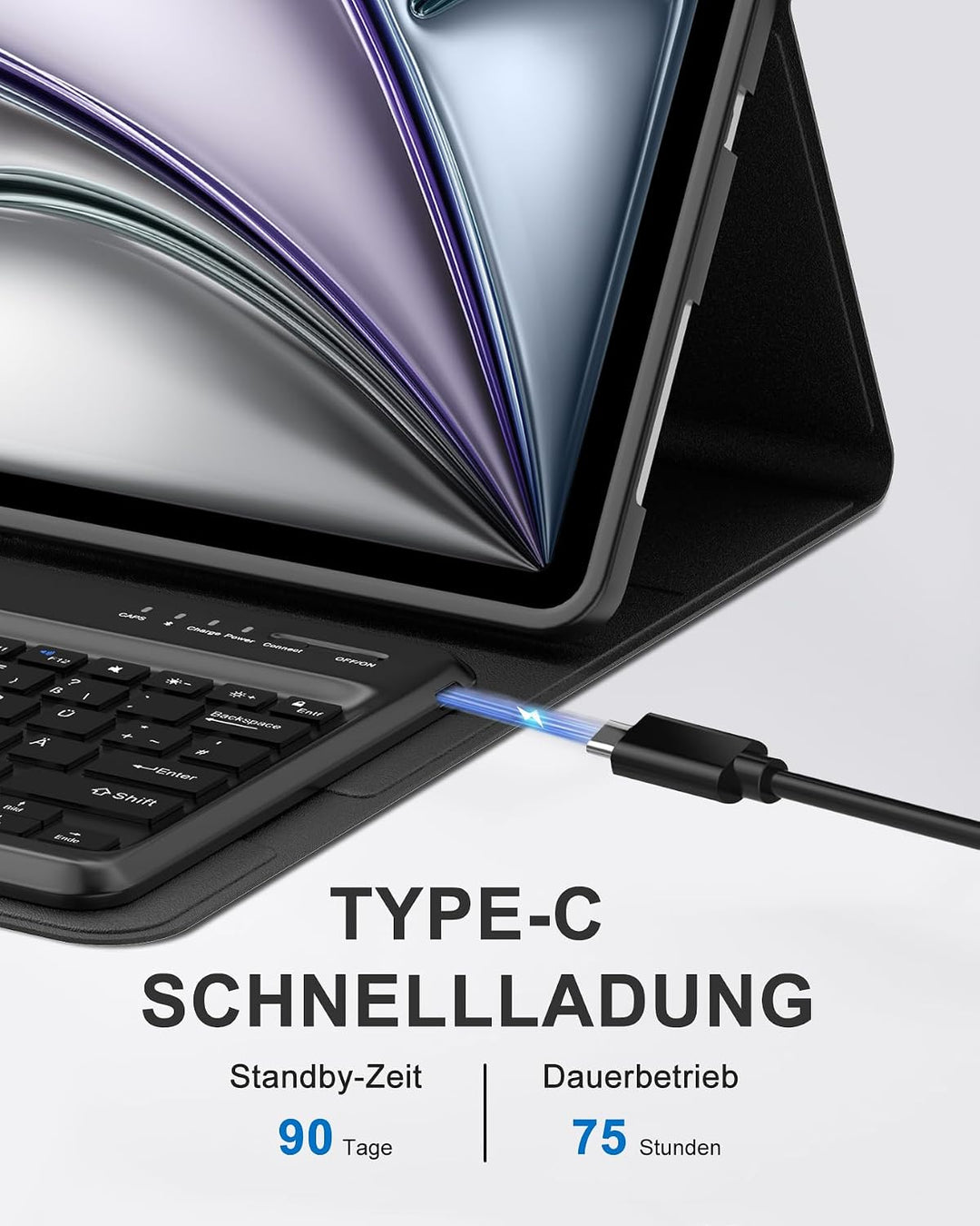 Hülle mit Tastatur für iPad Air 13" (2026 M4/2025 M3/2024 M2) & Pro 12.9" (2018-2022), Deutsches QWE