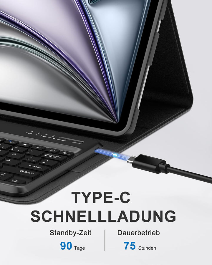 Hülle mit Tastatur für iPad Air 13" (2026 M4/2025 M3/2024 M2) & Pro 12.9" (2018-2022), Deutsches QWE