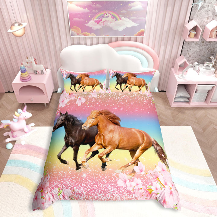 Mädchen Pferd Bettwäsche 200 x 200 cm Pferde Rosa Floral Bettbezug Galloping Farmhorse Bllossom Flow
