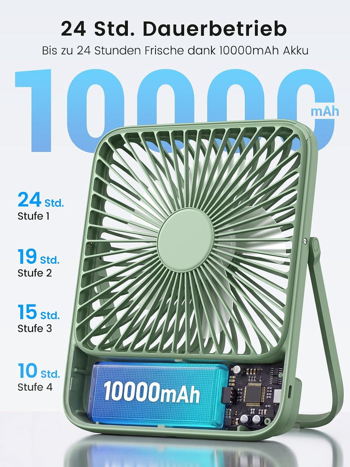 Warmco 10000mAh Tragbarer Ventilator 21 cm Hoch, Bis zu 24h Laufzeit, Ultra-dünn Leise Akku Tischven
