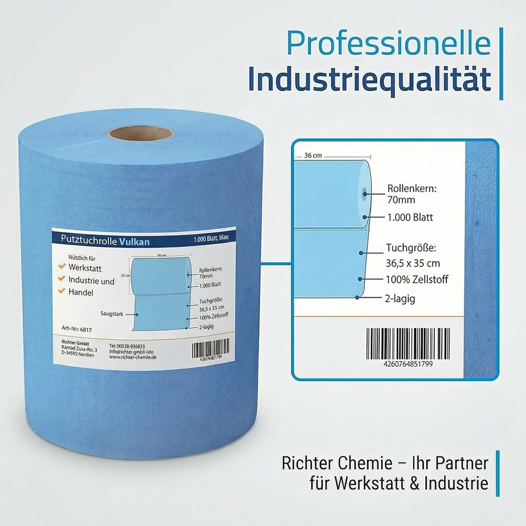 Putztuchrolle saugstark | 2-lagig | 1.000 Blatt | 36,5 x 35 cm | Für Werkstatt, Industrie und Handel