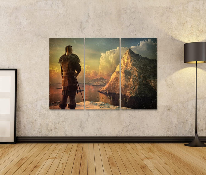 islandburner Bild auf Leinwand Wikinger Krieger Meer Schnee Berg Bilder Wandbilder Poster 130x80cm -