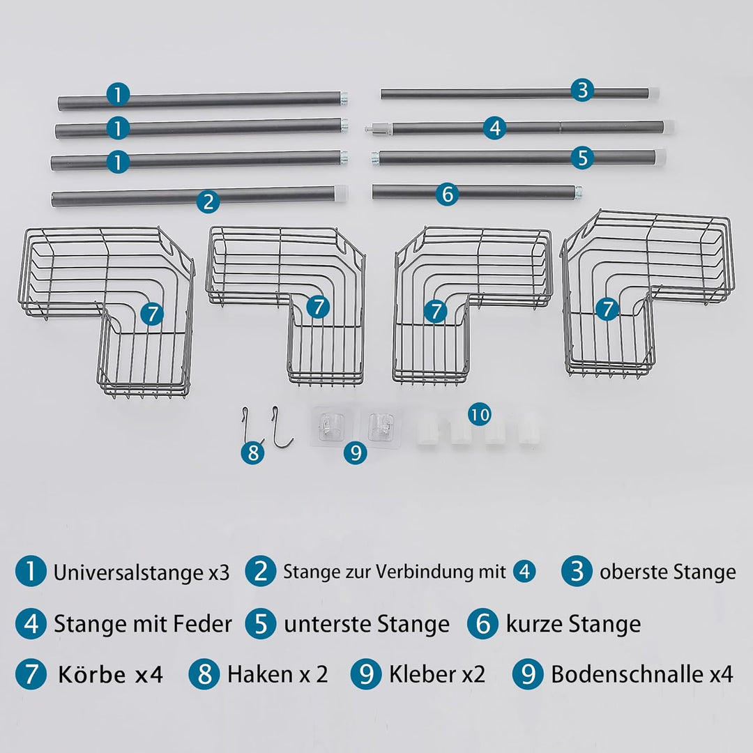 Duschablage ohne Bohren Teleskop Duschregal Metall Eckregal Badregal mit 4 Duschkörben, Höhenverstel