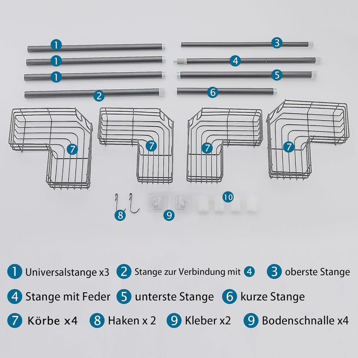 Duschablage ohne Bohren Teleskop Duschregal Metall Eckregal Badregal mit 4 Duschkörben, Höhenverstel