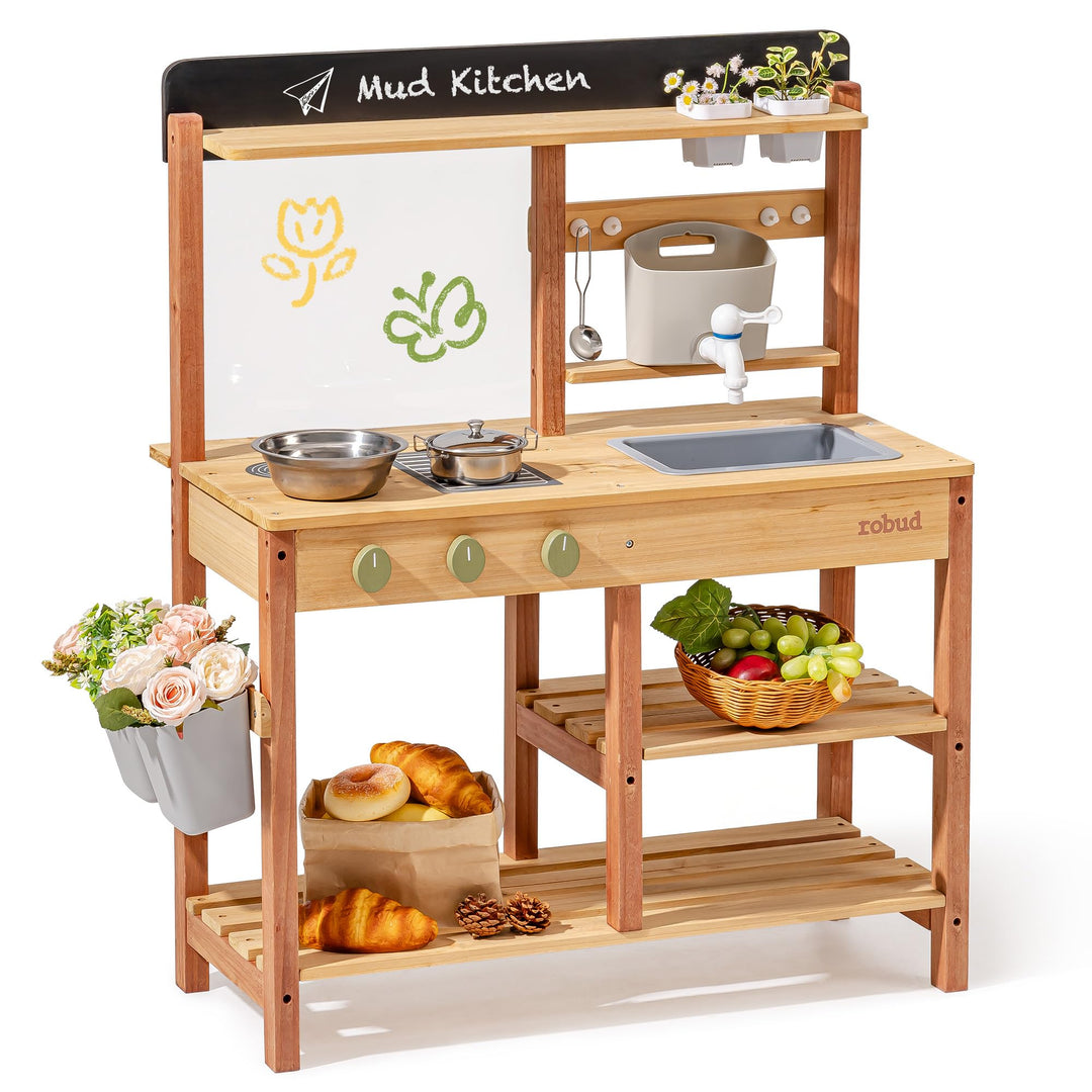 ROBUD Matschküche aus Holz – Outdoor Spielküche mit Zubehör & Maltafel – Rollenspielzeug für Kinder