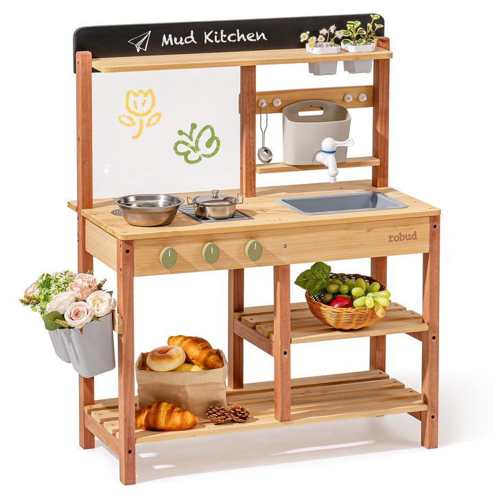ROBUD Matschküche aus Holz – Outdoor Spielküche mit Zubehör & Maltafel – Rollenspielzeug für Kinder