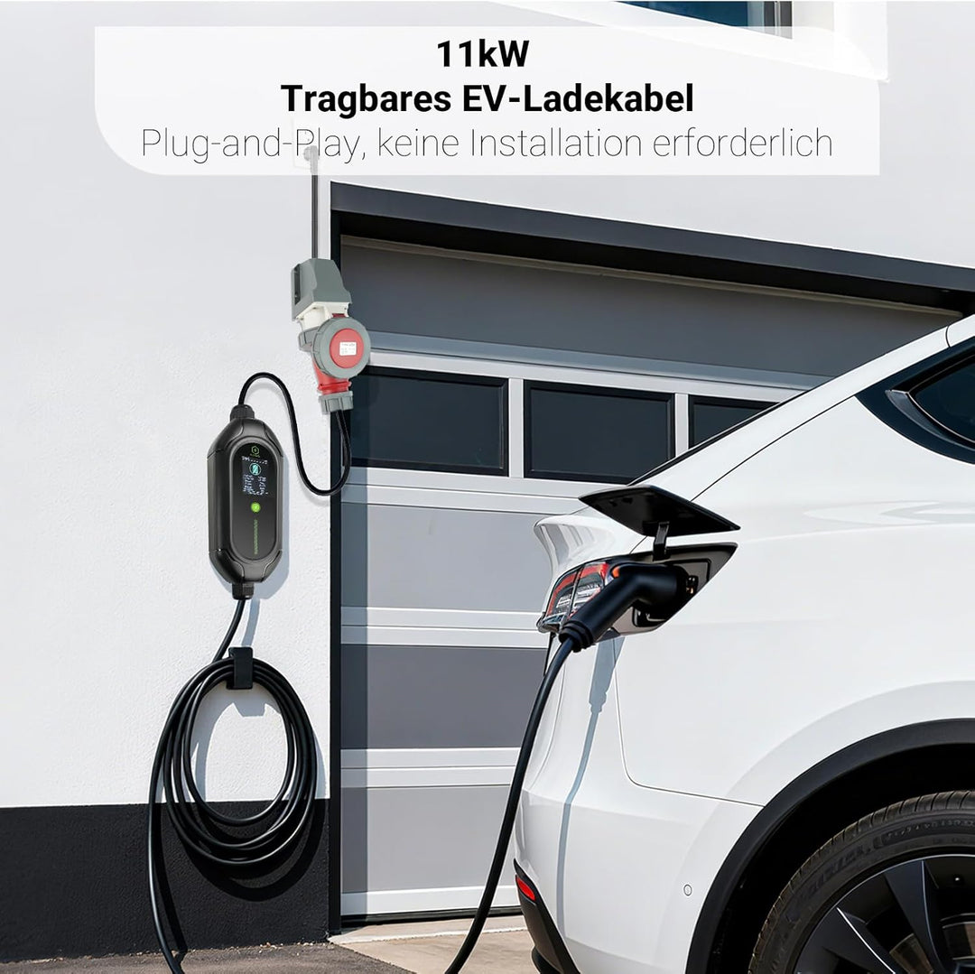 11kW Mobile EV Ladestation 5 m 3-phasig Typ 2 Ladekabel 6-16A verstellbar, CEE16A Wasserdicht Auto L