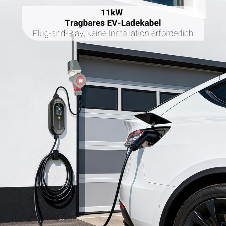 11kW Mobile EV Ladestation 5 m 3-phasig Typ 2 Ladekabel 6-16A verstellbar, CEE16A Wasserdicht Auto L
