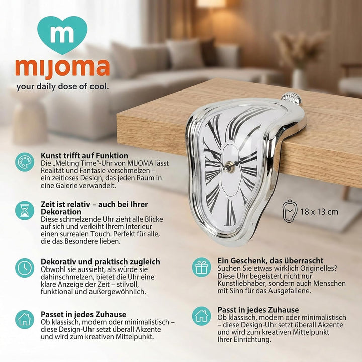 MIJOMA Melting Time Uhr – Dekorative Wanduhr im surrealistischen Design, 18 x 13 cm, Kunststoff, Sch