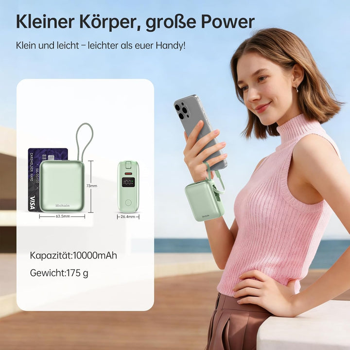 Hichain Power Bank Klein, 10000mAh 22,5W Powerbank USB C Schnellladen mit Integriertem USB-C Kabel,
