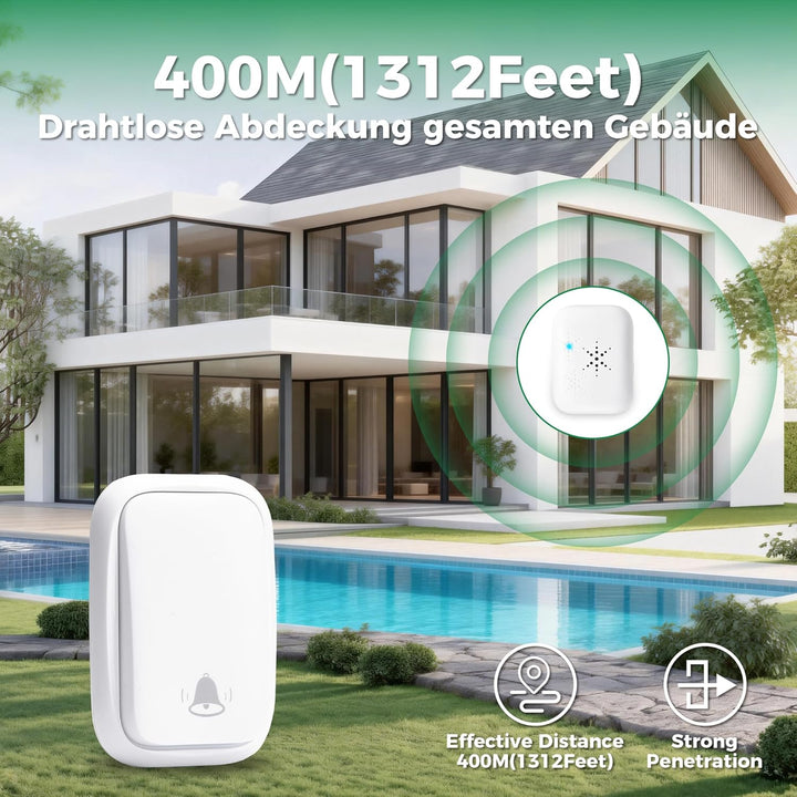 Funkklingel Türklingel Set – Kabellos & Batterielos, 4 Lautstärken, 120dB, 400m Reichweite, Wasserdi
