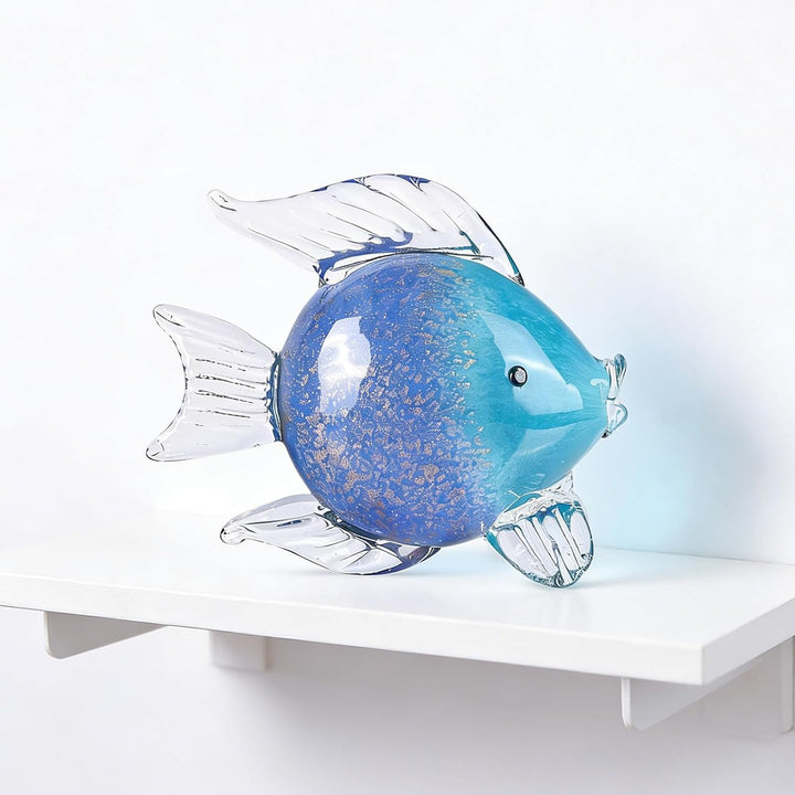 oliruim Blaue Glas-Fischkunst-Dekoration, mundgeblasene Glasfisch-Figur, Kunst-Briefbeschwerer-Kolle