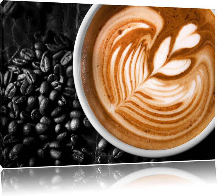edler Kaffee mit Schaumverzierung schwarz/weiss Format: 100x70 auf Leinwand, XXL riesige Bilder fert