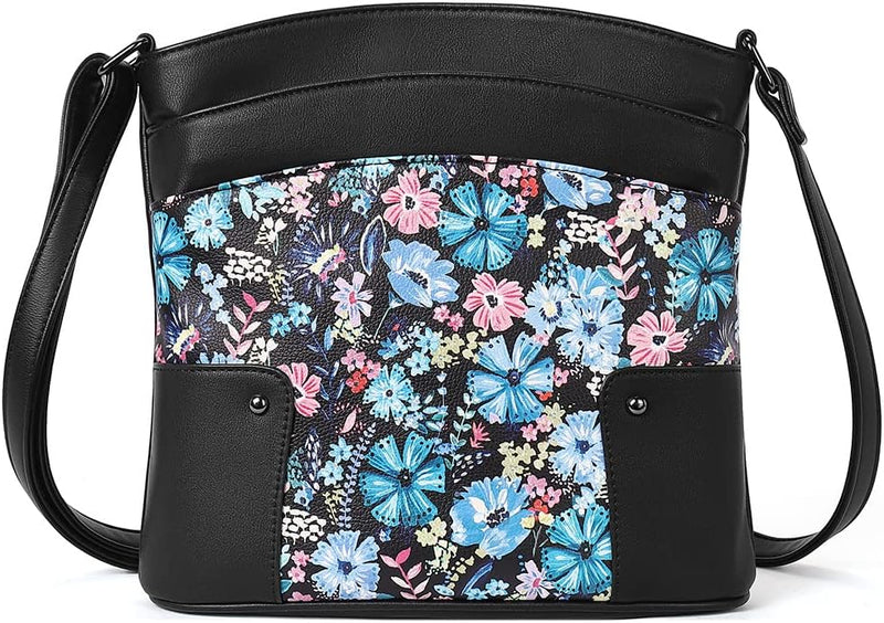 CLUCI Umhängetasche Damen Klein Crossbody Clutch Handytasche mit Geldbörse Farbe Blumen auf Schwarz,