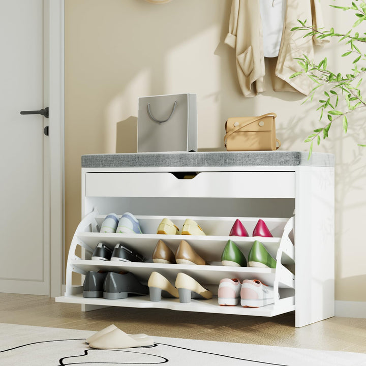 VOWNER Schuhschrank mit Klappen, Schuhregal Schuhkipper Schmal, Sitzbank mit Sitzkissen, Verstellbar