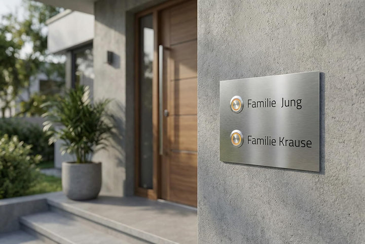 Zweifamilienhaus Klingelplatte Frankfurt 140 x 100 X 3mm V2A Edelstal kostenlose Lasergravur (LED we