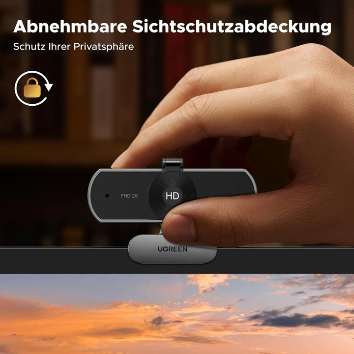 UGREEN Webcam 2K, USB A Webcam mit Mikrofo, Kamera PC, Fixfokus, 80°Sichtfeld, Kamera mit Privacy Co