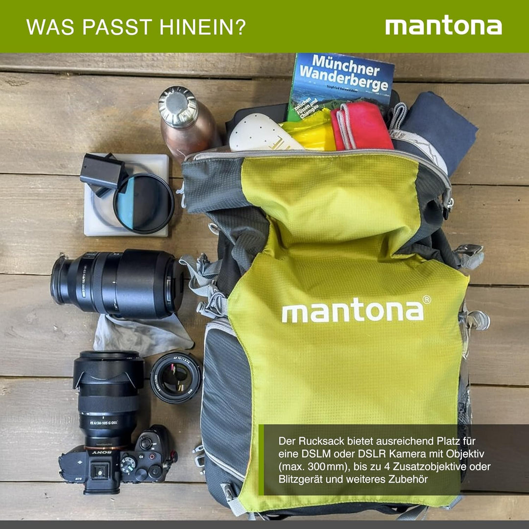 Mantona ElementsPro 30 V2 Outdoor DSLR Kamerarucksack Grün Schnellzugriff Kameratasche mit Regenhüll
