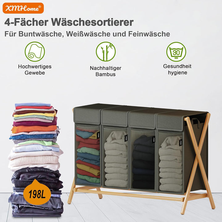 Faltbarer Wäschekorb 148L mit 3 Fächern,Bambus Wäschesammler,X-förmiges Wäsche Sortiersystem mit Dec