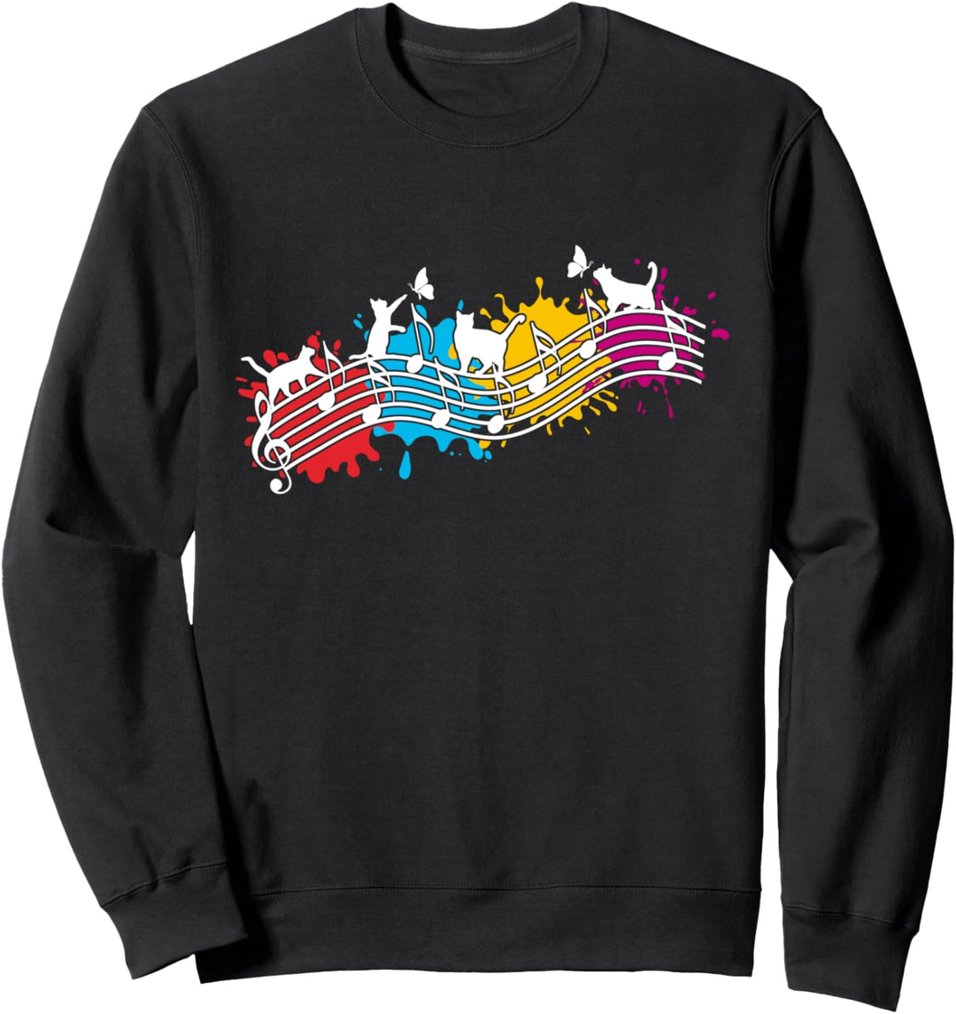 Musikalische Kätzchen auf Musiknoten und Farbklecksen Sweatshirt