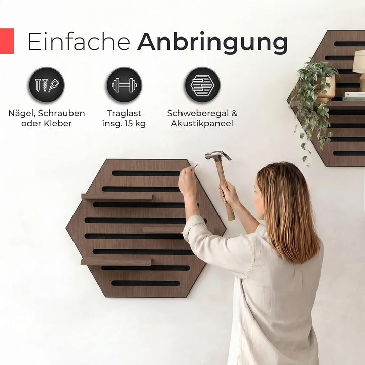Akustikpaneele Holz Wandregal – Echtholz Walnuss & Akustikfilz Schwarz | Hexagon 65x52cm – Regal & S