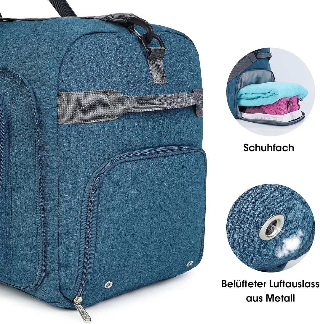 WANDF Reisetasche 65L mit Schuhfach Faltbare Weekender-Reisetasche Handgepäck für Männer Frauen (Bla
