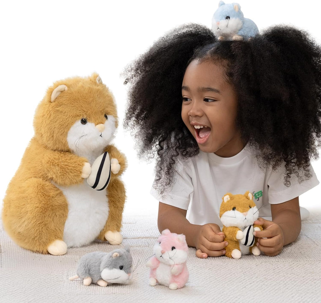 MorisMos 5 stücke Hamster Plüschtier Set, 32cm gross süss Hamster Kuscheltier XXL mit 4 Babys im Bau