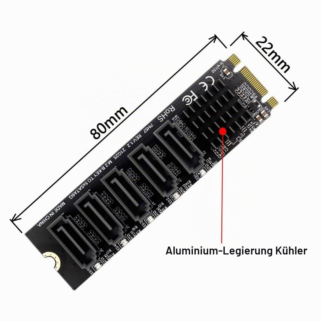 chenyang 5 Ports M.2 auf SATA Adapter, B+M Key NGFF 1 auf 5 SATA 3.0 Port Erweiterungskarte mit JMB5