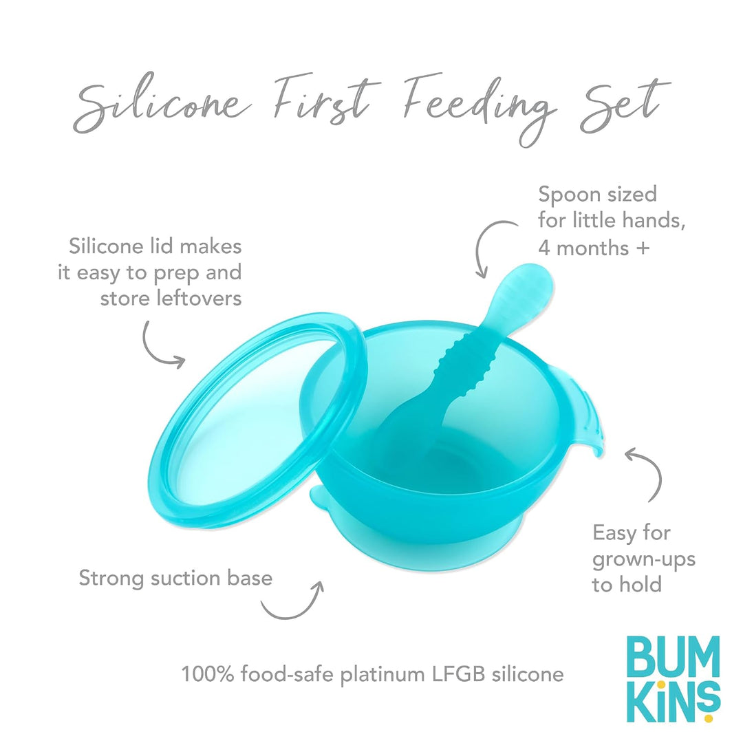 Bumkins - Erstes Baby Fütterungsset aus Silikon mit Saugnapf, Deckel und Löffel, Blau Jelly Blue Jel