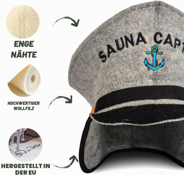 Saunahut für Damen und Herren aus Filz - Sauna Captain – Grau Saunahut für Herren und Damen aus 100P