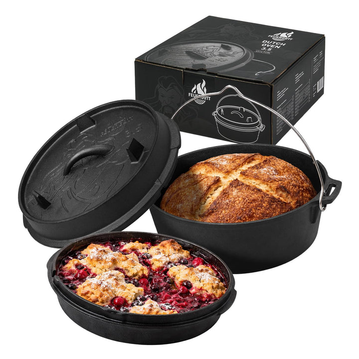 Dutch Oven 3,5L ohne Füsse – Gusseisen Schmortopf für Brot, Backofen, Herd, Induktion, BBQ – Familie