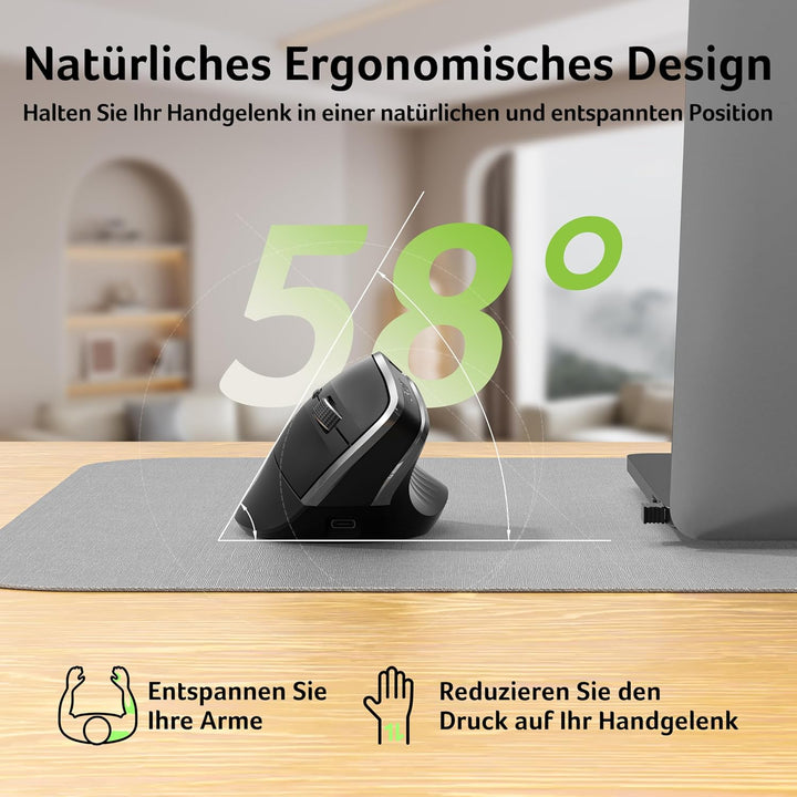 acer 2.4G Ergonomische Maus, Vertikale Optische Maus Kabellos 1600 DPI, Wiederaufladbar Wireless Mou