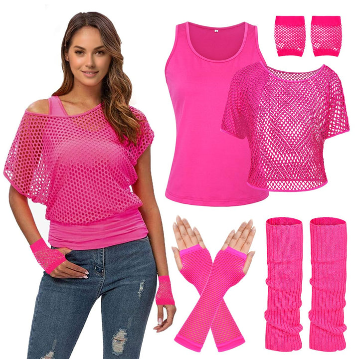 WILDPARTY 80er 90er Jahre Outfit Damen, Netzshirt, Tank top, Beinwärmer, Netzhandschuhe, Kostüm 80er