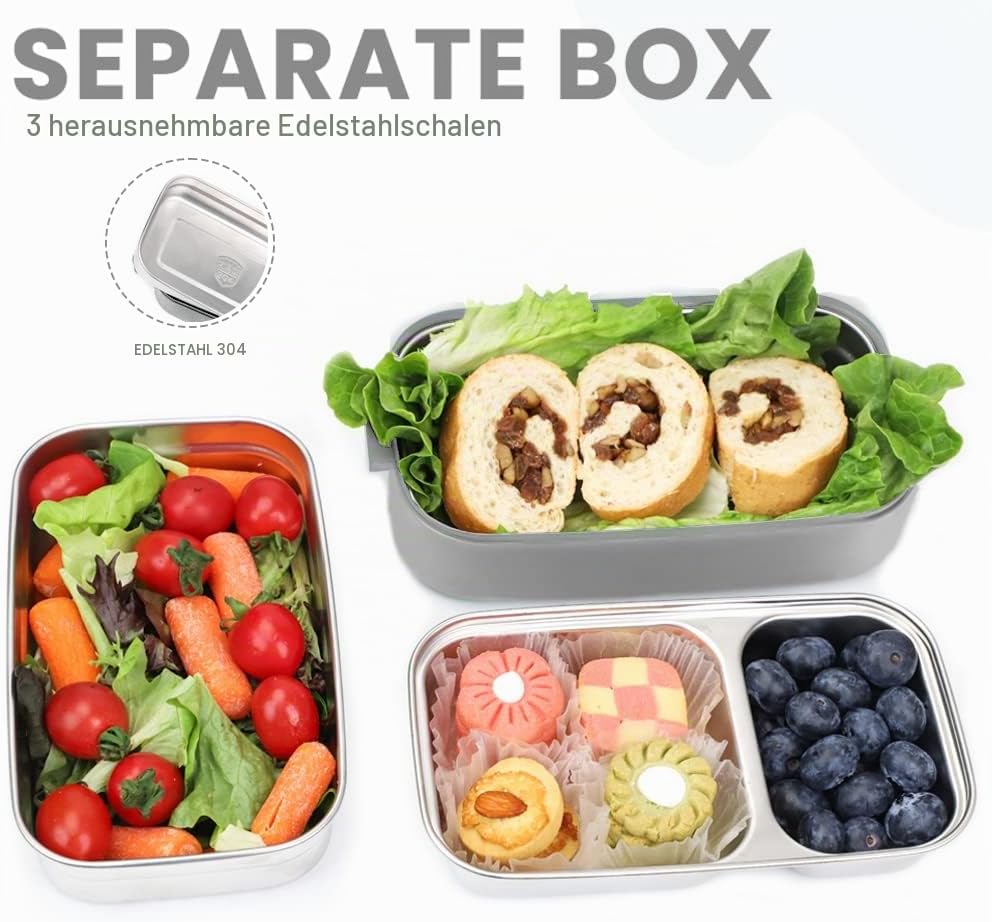 Bugucat Lunchbox Edelstahl 1700ML,Bento Box Brotdose Auslaufsicher Luftdichte Brotzeitbox mit Fächer