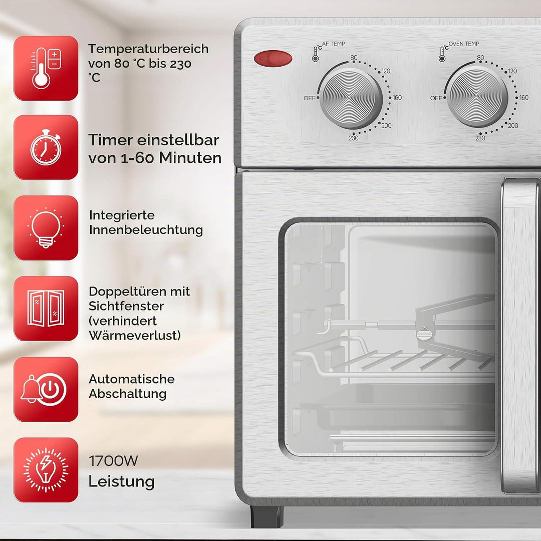 TurboTronic digitaler Heissluftofen - XXL 32 Liter mit Drehspiess für Hähnchen 4in1 Mini Backofen &amp;