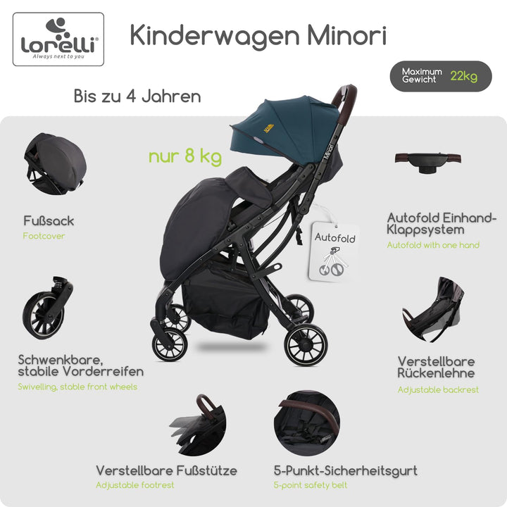 Lorelli Kinderwagen Minori, Sport Buggy klein zusammenklappbar, Autofold Einhand-Klappsystem, Nur 9,