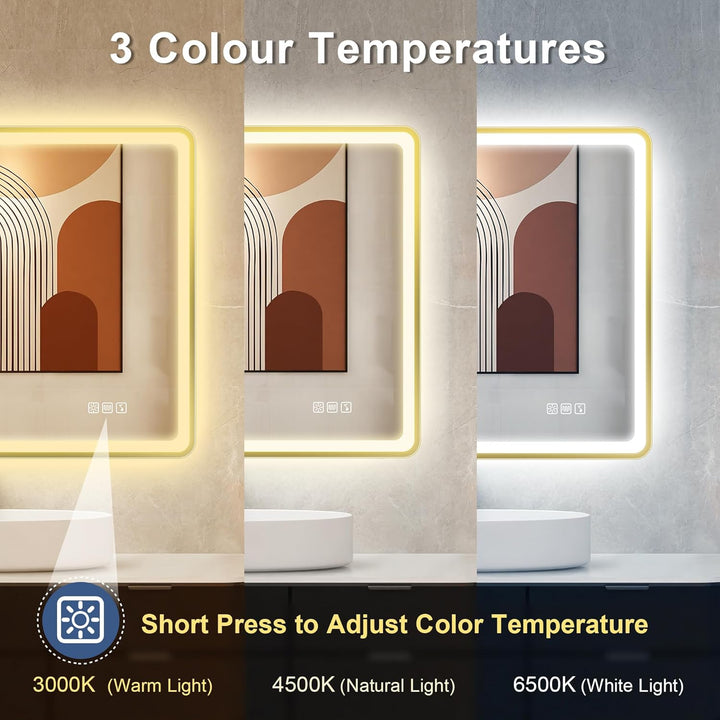 STARLEAD 100x70cm Golden LED-Badspiegel-mit-Beleuchtung und Bluetooth, Entfoggen, Dimmbar, 3 Lichtfa