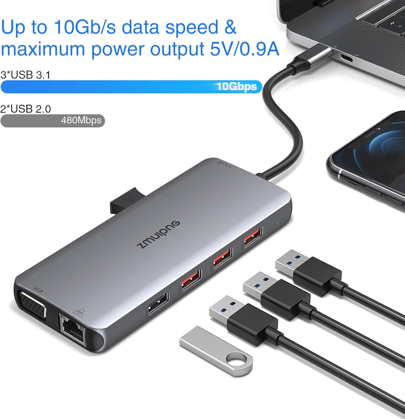 USB C Docking Station, Dockingstation Dual Monitor USB-C Hub mit 2 4K HDMI,VGA,3USB 3.1 10Gbps,2USB