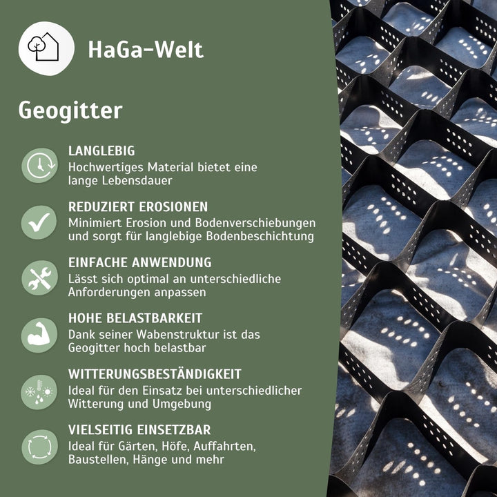 HaGa® Geogitter 6,5 m x 2,5 m x 5 cm = 16,25 m² | Bodenverstärkung - Kiesgitter für stabilen Boden i