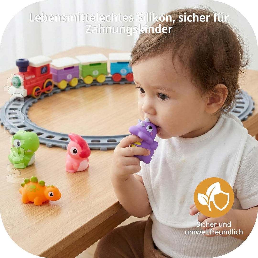 Montessori Zug Set mit Schienen, Licht & Dampfeffekt, Dinosaurier Fingerpuppen, Lernspielzeug für Ki