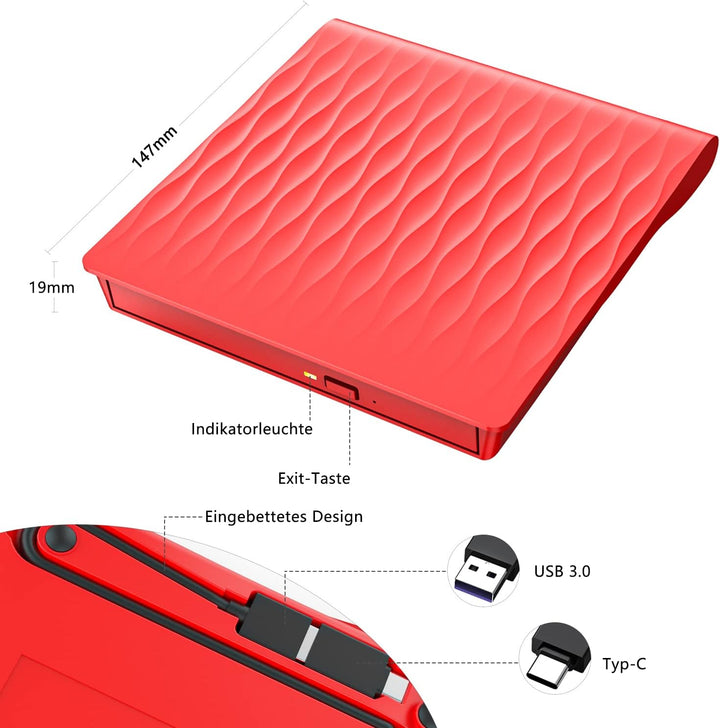 LPUNCD DVD CD Laufwerk Extern, USB 3.0 & Type-C Portable DVD Brenner, CD DVD +/-RW ROM DVD Drive für