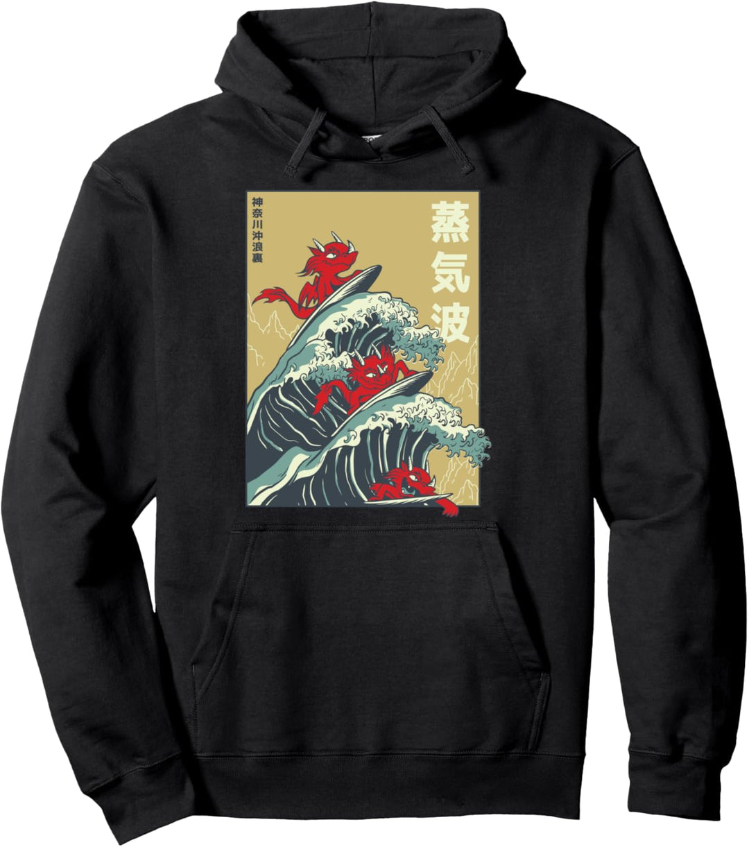 The Great Wave Off Kanagawa Retro Sonnenuntergang Japanischer Drache Pullover Hoodie