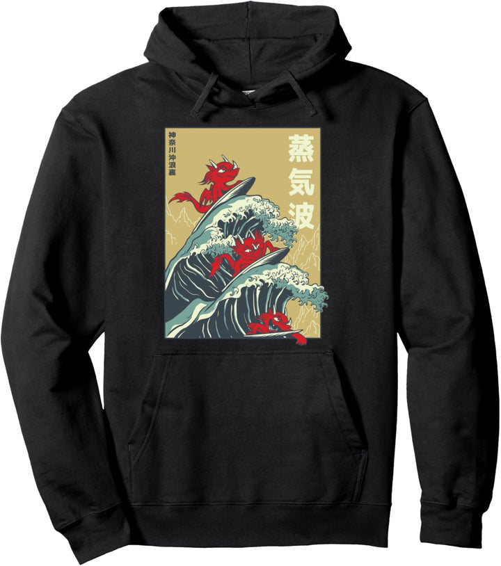 The Great Wave Off Kanagawa Retro Sonnenuntergang Japanischer Drache Pullover Hoodie